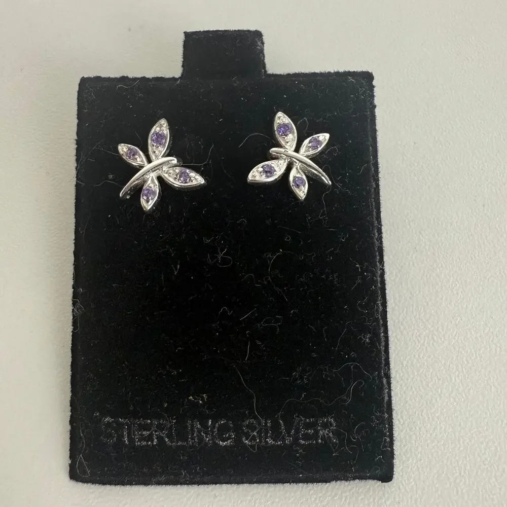 NWT Sterling Silver Dragonfly Dainty Y2K 90s Purple/Clear Stone Stud Earrings